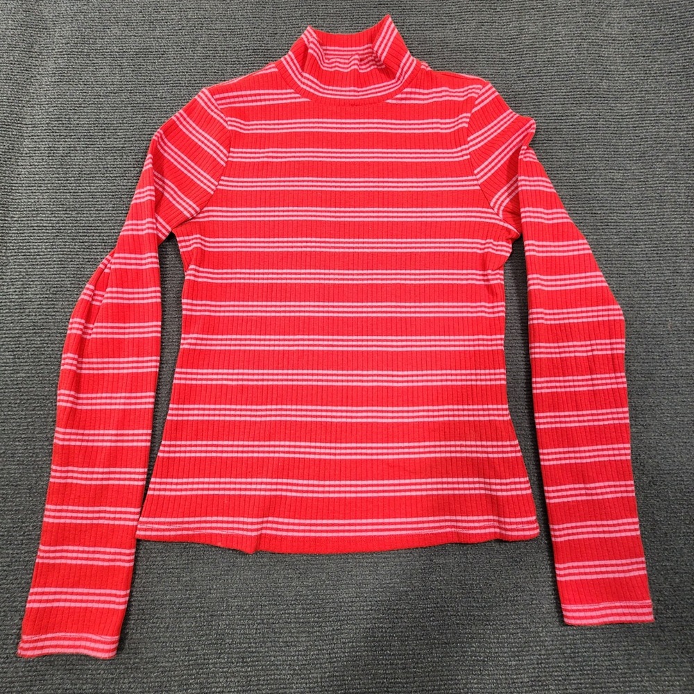 Maeve by Anthropologie Mock Neck Top Womens Small Red Striped Ribbed Knit Casual